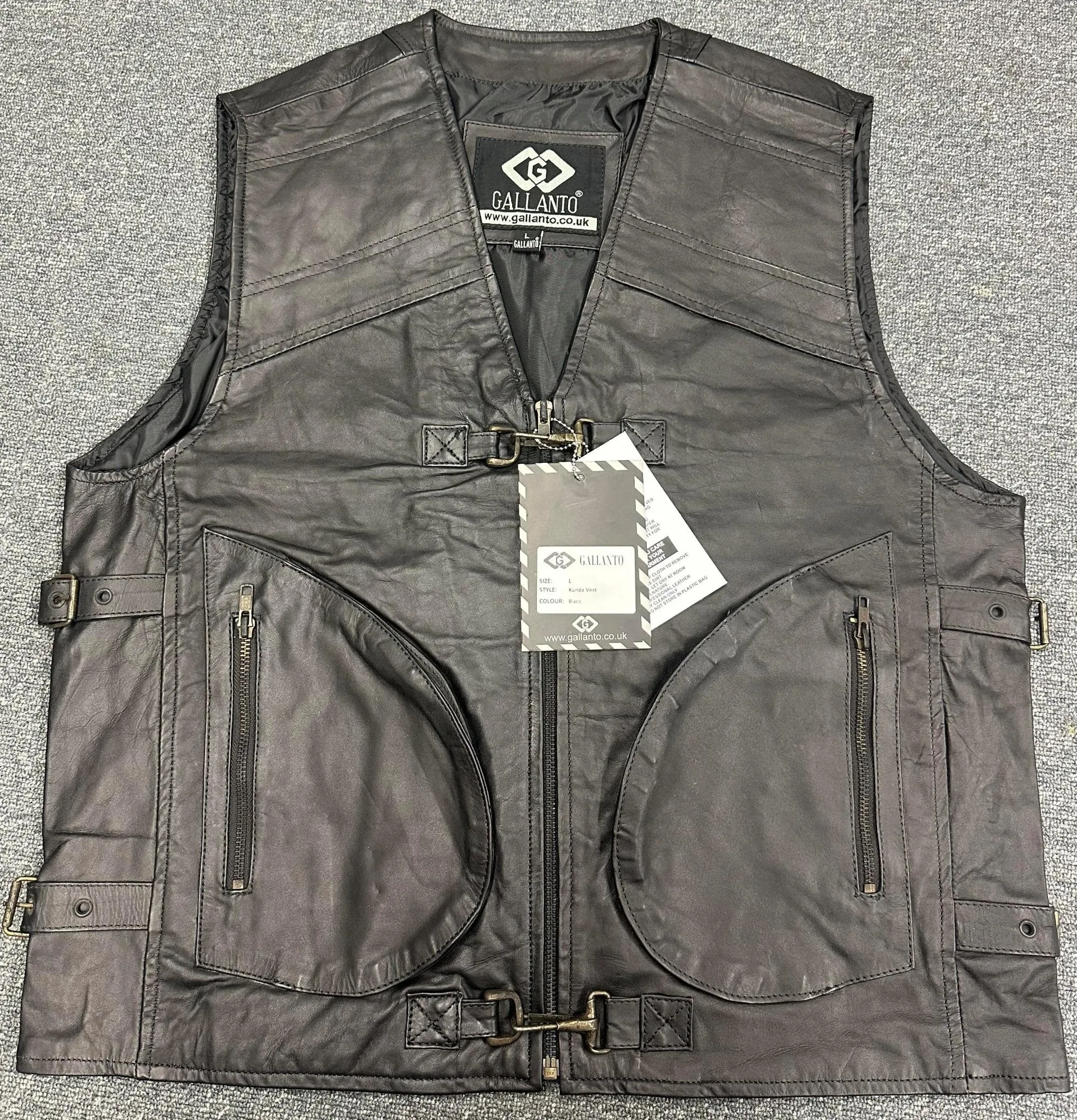 Classic Mens Black Hook Leather Vest Motorcycle Biker Waistcoat Large