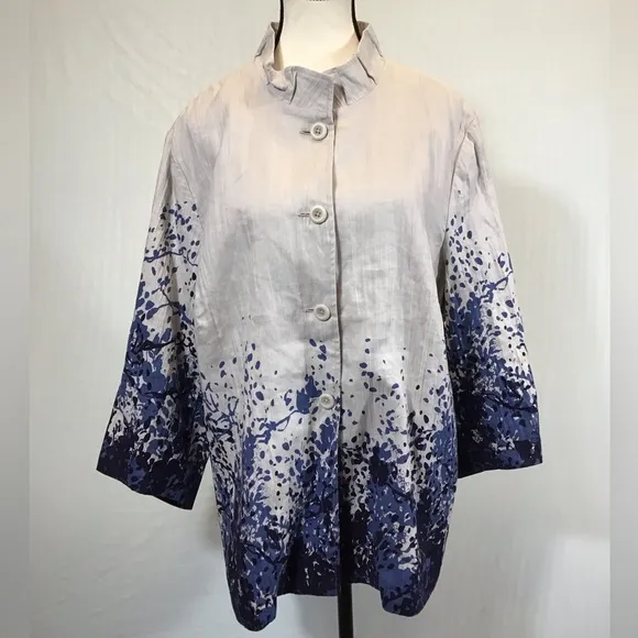 Coldwater Creek Womens Linen Jacket Size 20/22 Button Up Artsy Floral Lagenlook