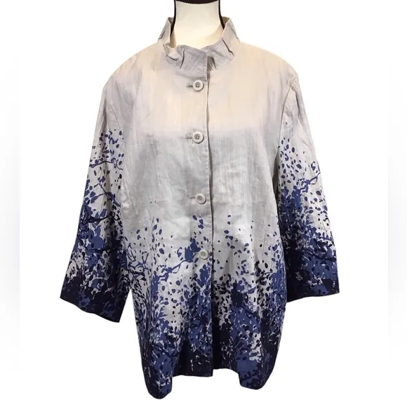 Coldwater Creek Womens Linen Jacket Size 20/22 Button Up Artsy Floral Lagenlook