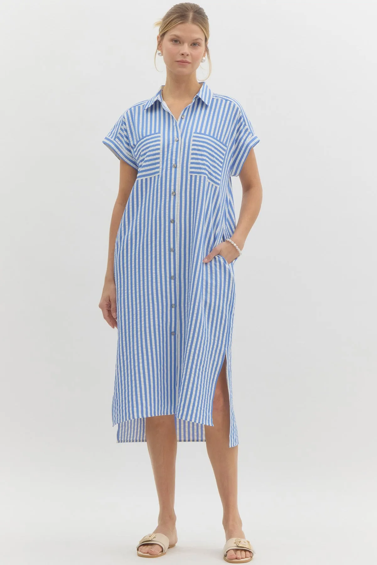 Collared Stripe Midi Dress {Light Blue}