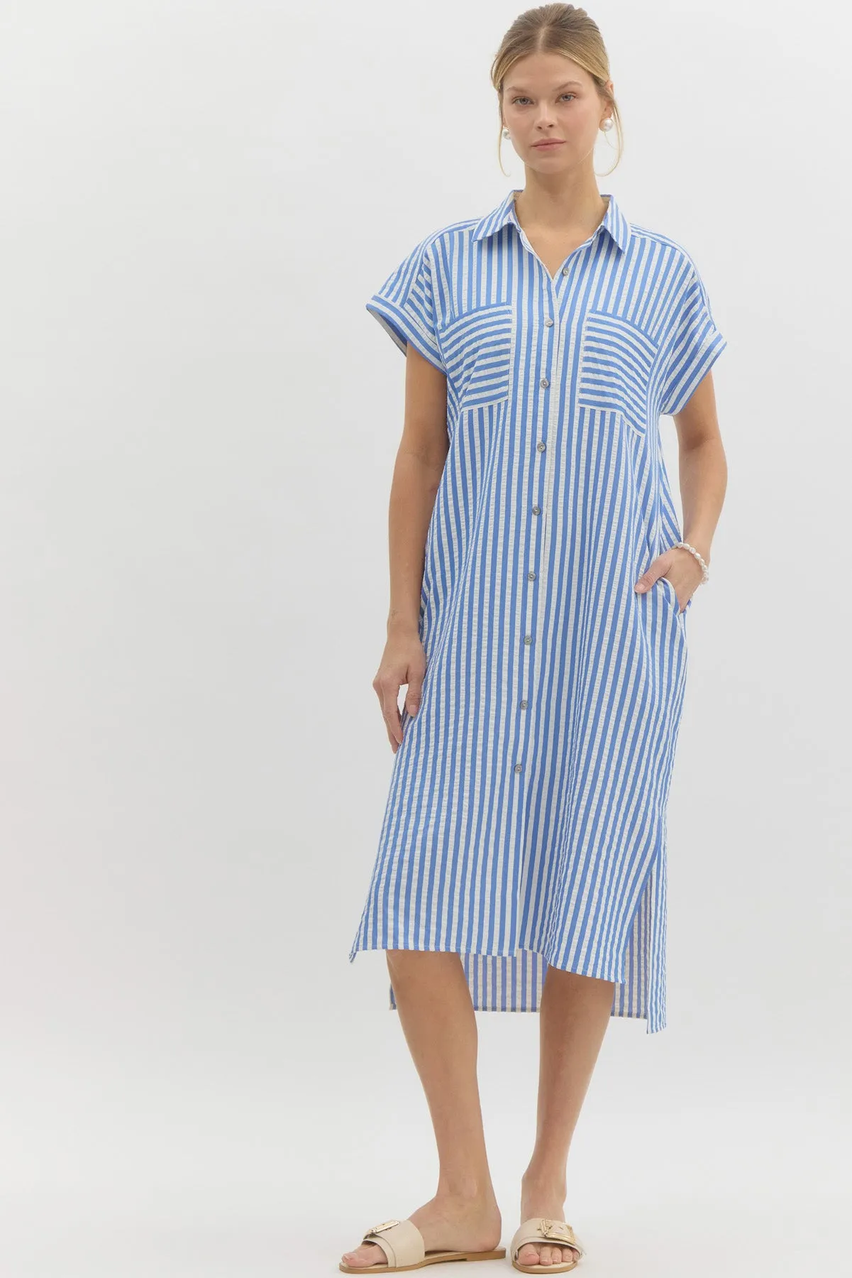 Collared Stripe Midi Dress {Light Blue}