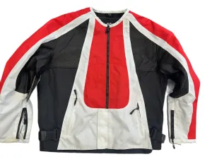 Collarless Black Red and White Textile and Black Porforated Leather Jacket Size XL