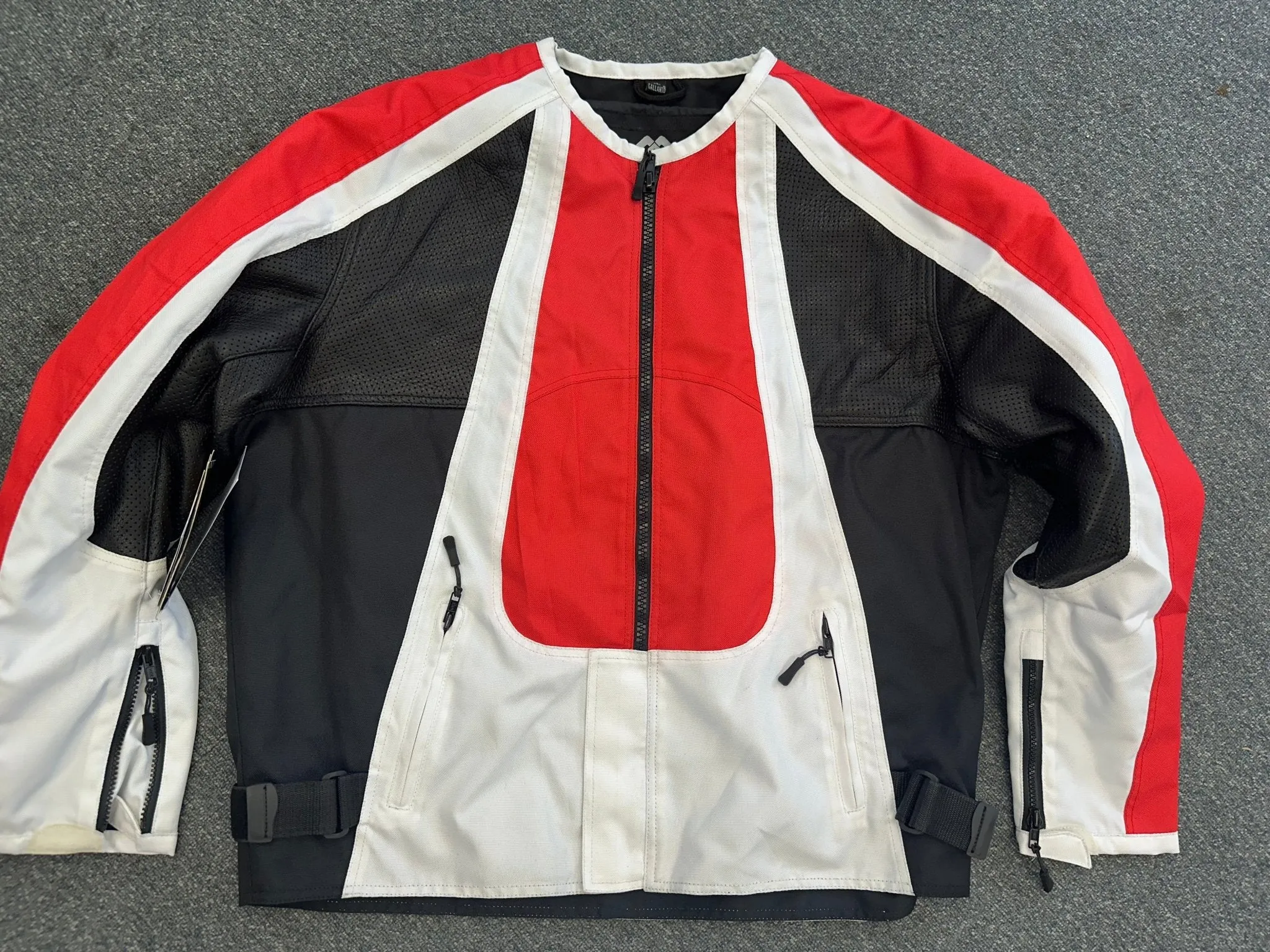 Collarless Black Red and White Textile and Black Porforated Leather Jacket Size XL