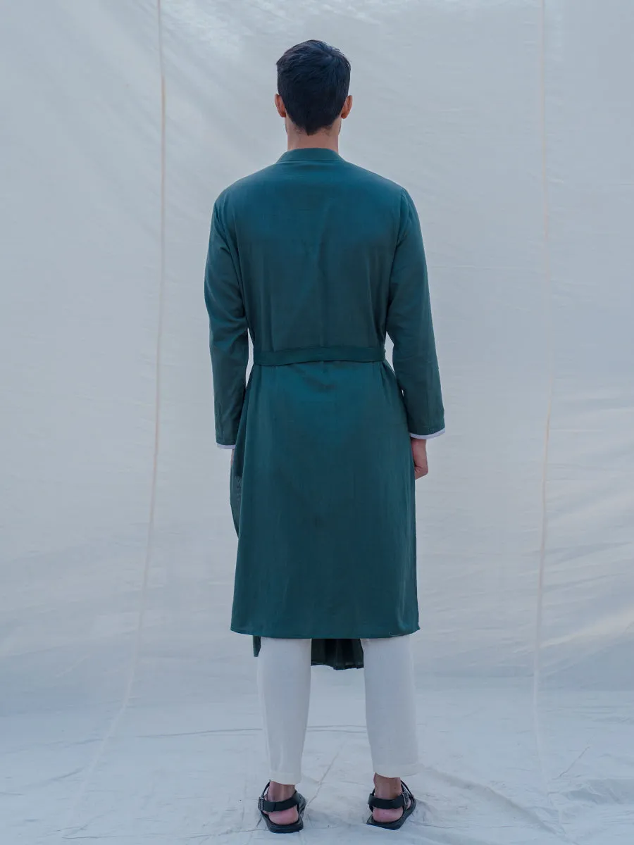 Cotton X Linen kurta in Bottle Green Set