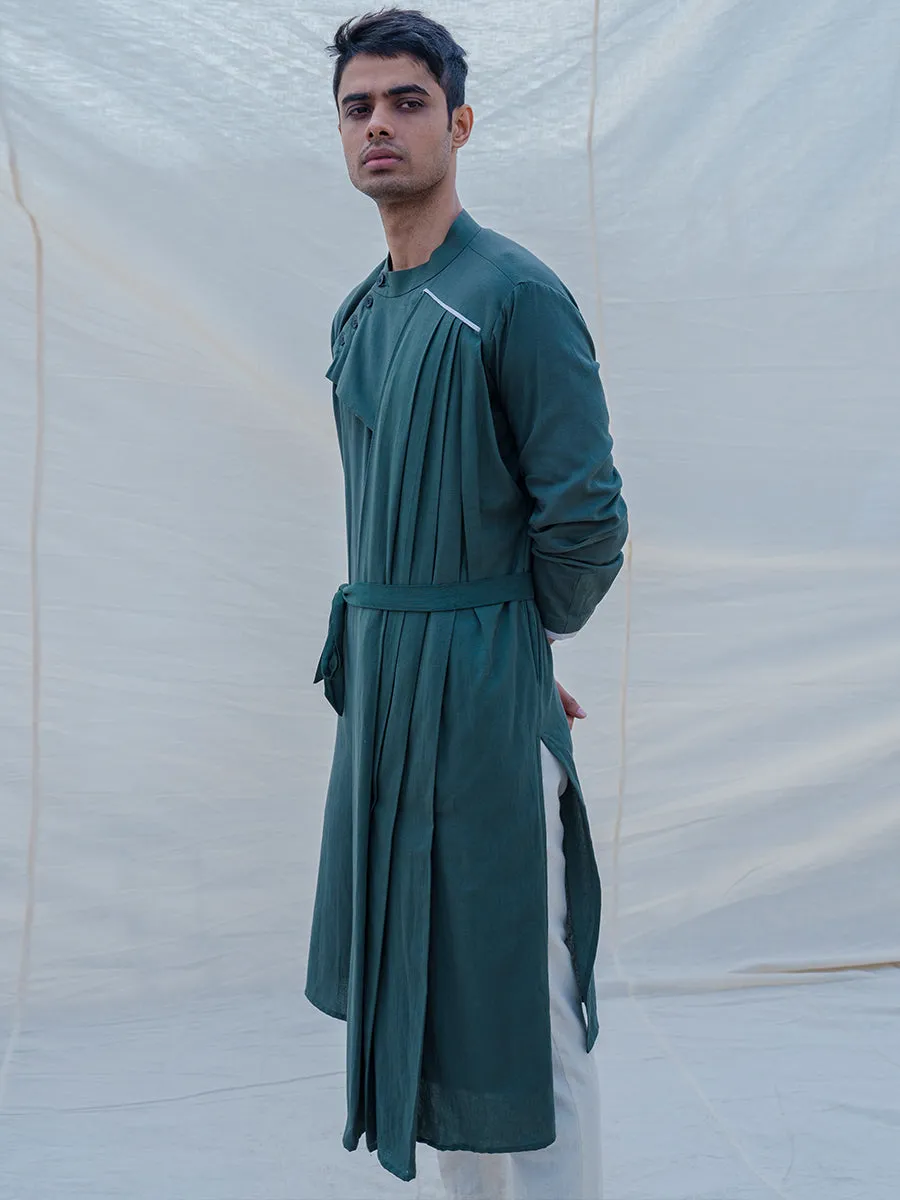 Cotton X Linen kurta in Bottle Green Set