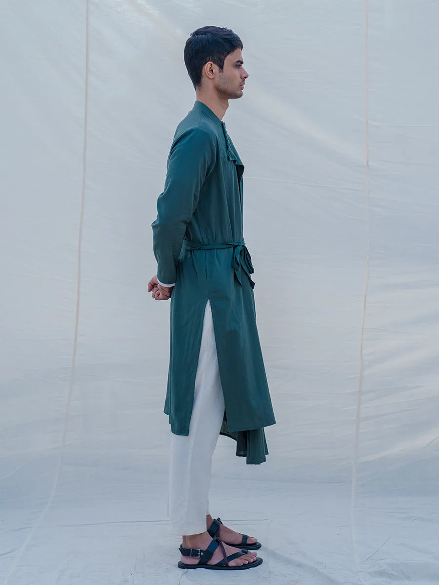 Cotton X Linen kurta in Bottle Green Set
