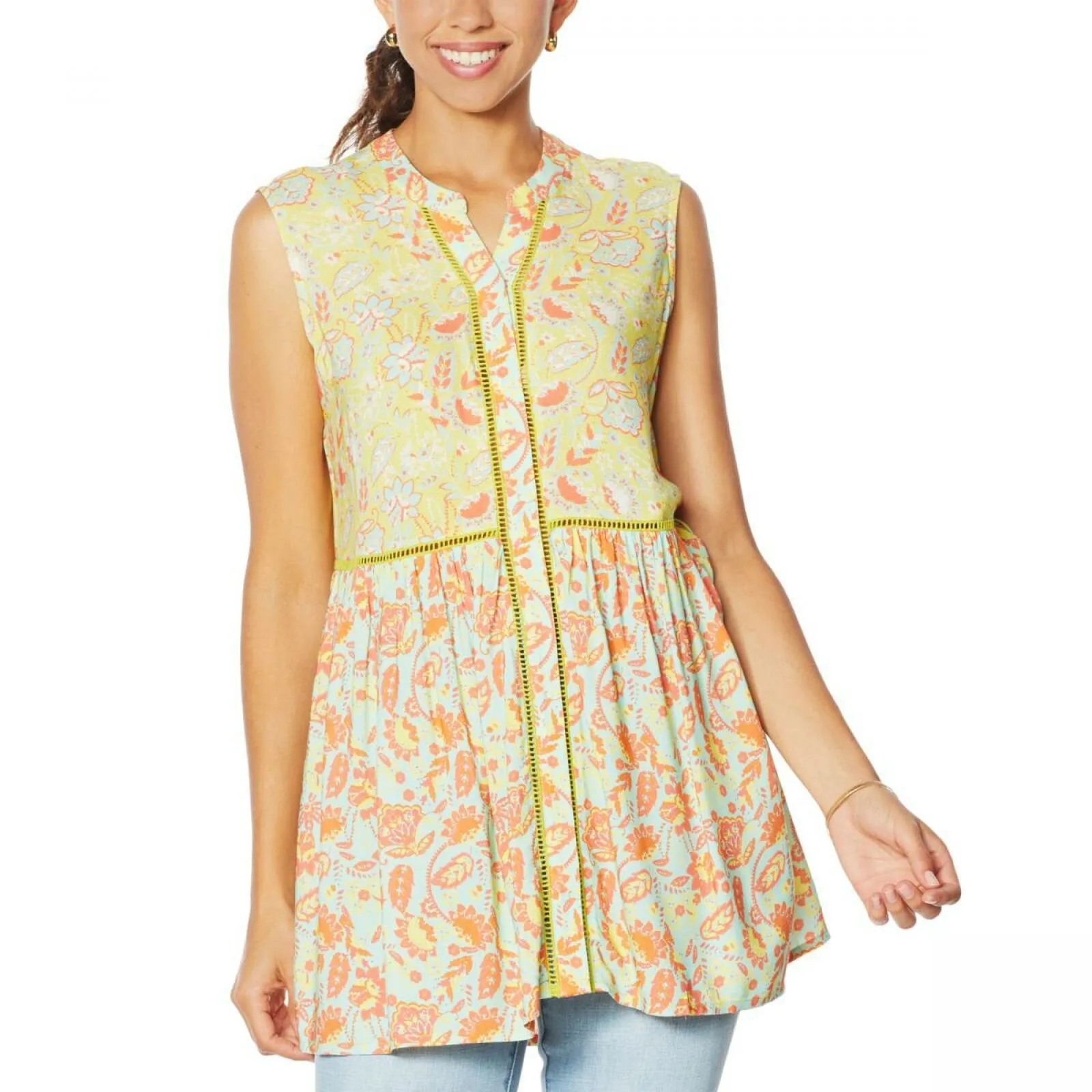 DG2 by Diane Gilman Mixed Print Button-Down Tunic Top Chartreuse 2X