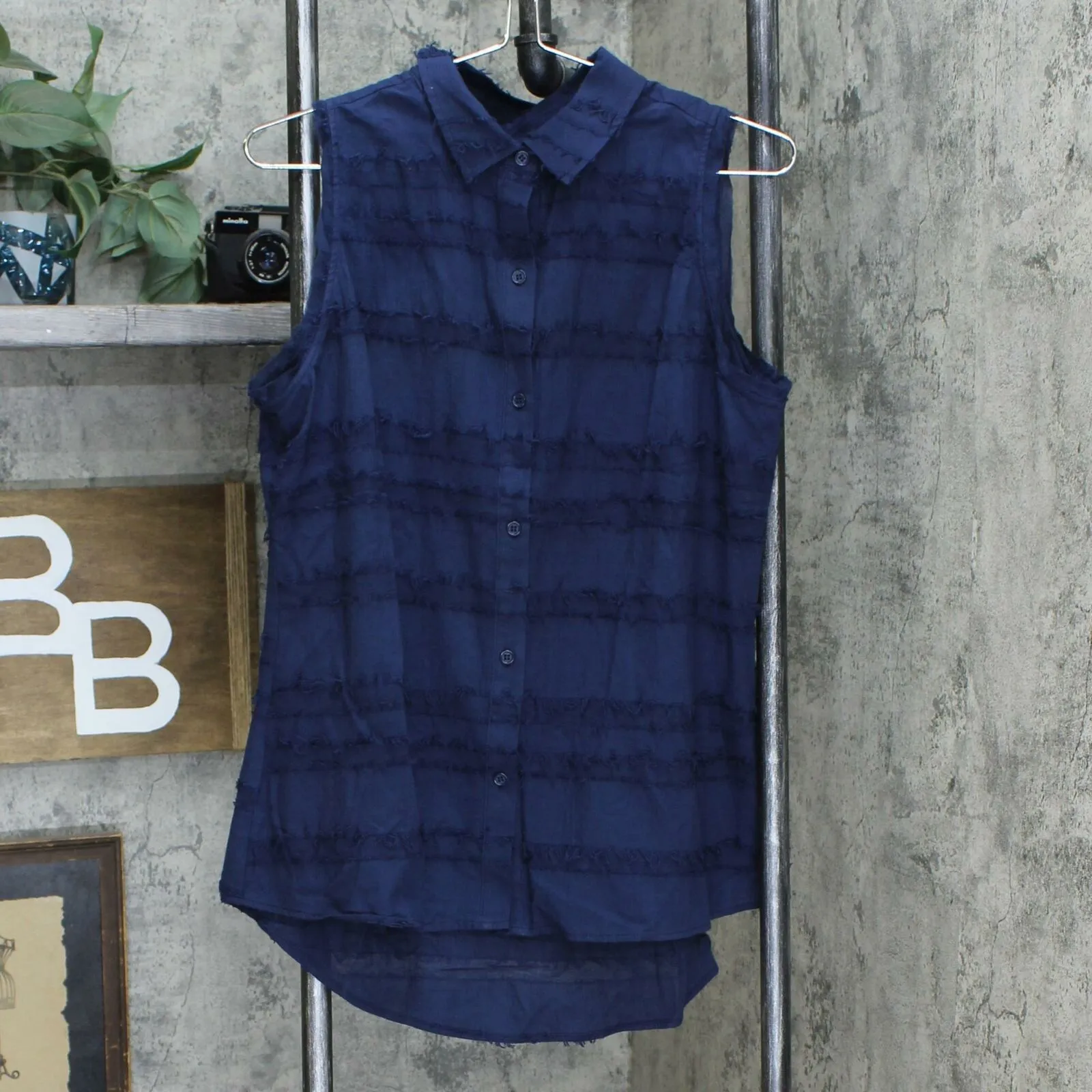 DG2 by Diane Gilman Women's Fringed Button-Up Sleeveless Shirt Navy Medium