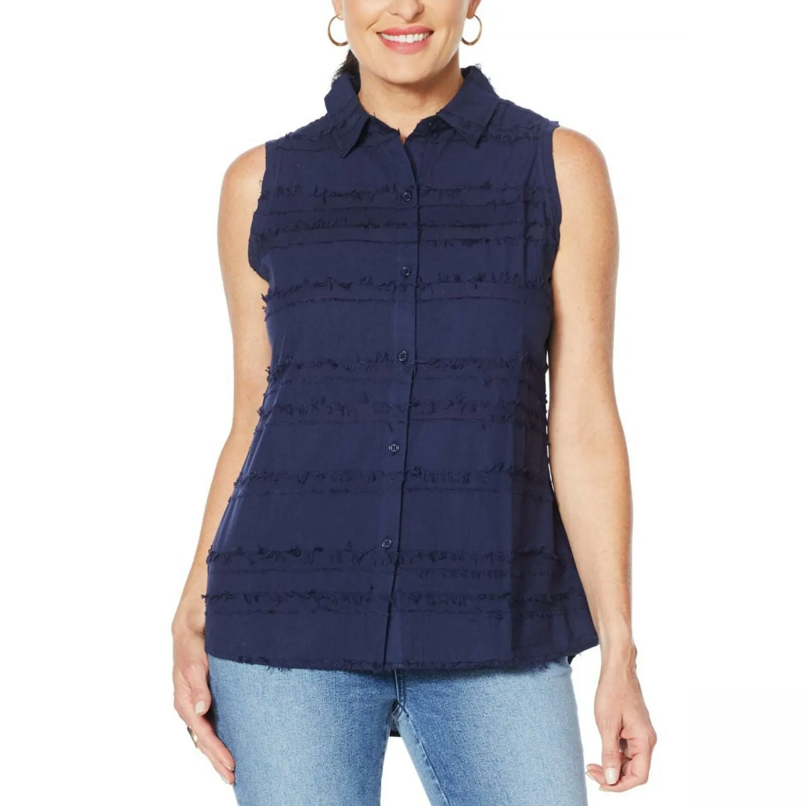 DG2 by Diane Gilman Women's Fringed Button-Up Sleeveless Shirt Navy Medium