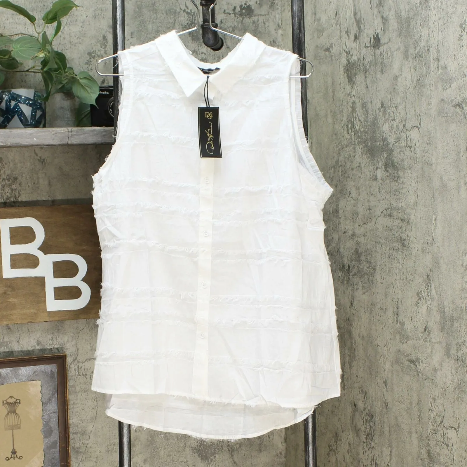 DG2 by Diane Gilman Women's Plus Size Fringed Button Up Sleeveless Shirt