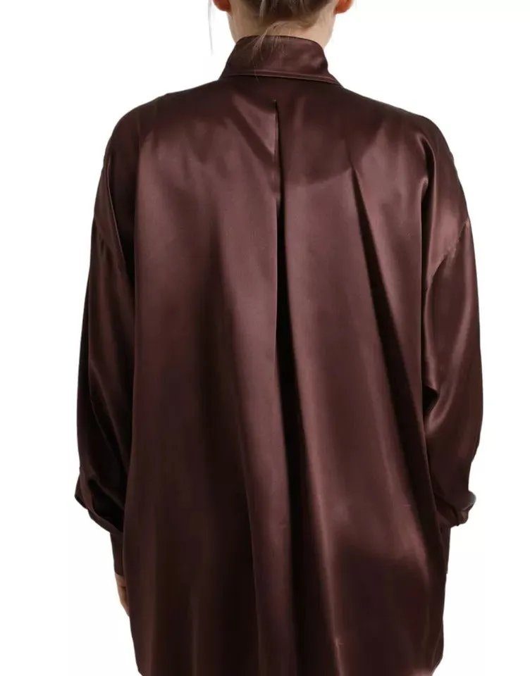Dolce & Gabbana Brown Silk Collared Long Sleeves Top Blouse