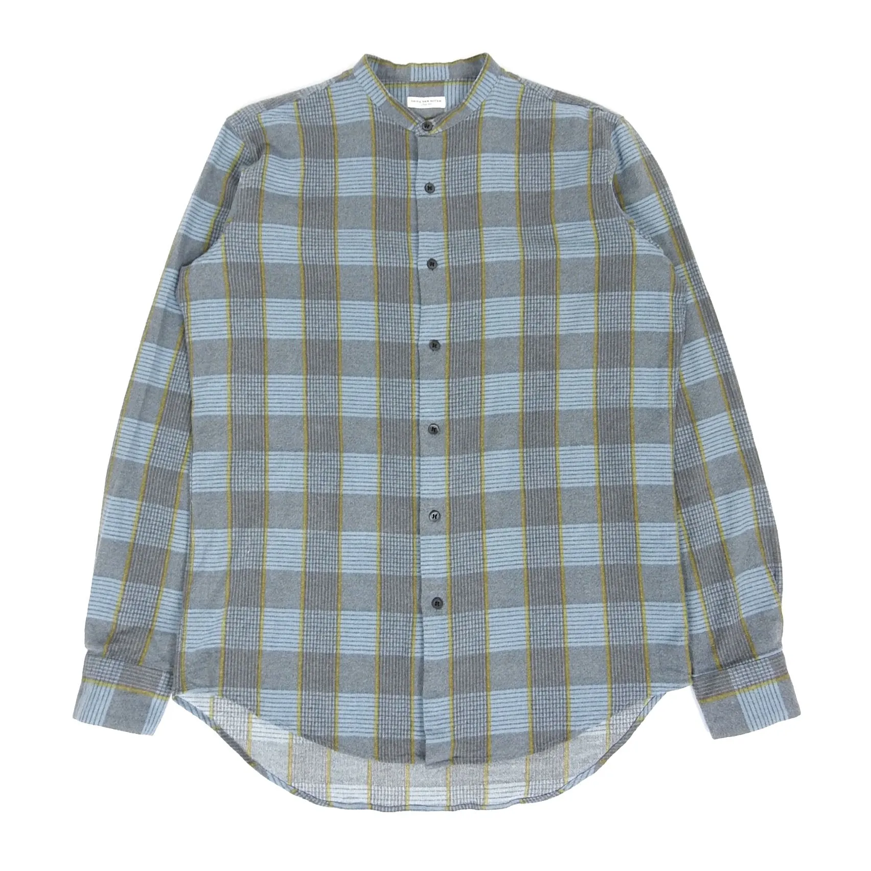 Dries Van Noten Blue Collarless Flannel Shirt Size 50
