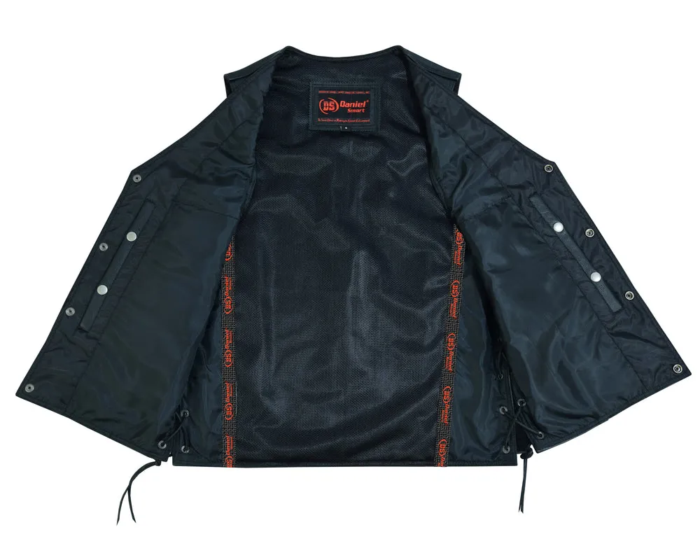 DS Men's Black Leather Vest with Side Laces and Smart Access Pockets