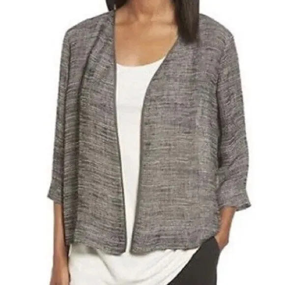 Eileen Fisher Black / Gray Organic Linen Gauze Strata Kimono Cardigan - Small
