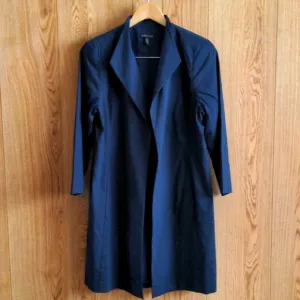 Eileen Fisher Linen Blend Open Front High Collar Coat in Midnight Blue Size M