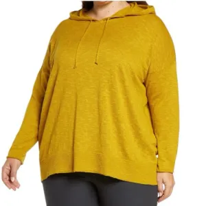 Eileen Fisher Organic Cotton Linen Slub Hooded Top Pullover Mustard Size Large