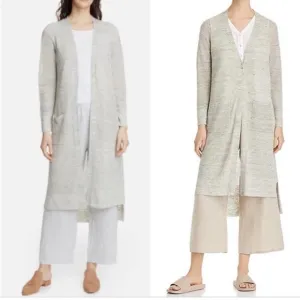 Eileen Fisher Organic Linen Longline Duster Cardigan in Grey Pockets size Medium