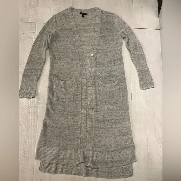 Eileen Fisher Organic Linen Longline Duster Cardigan in Grey Pockets size Medium
