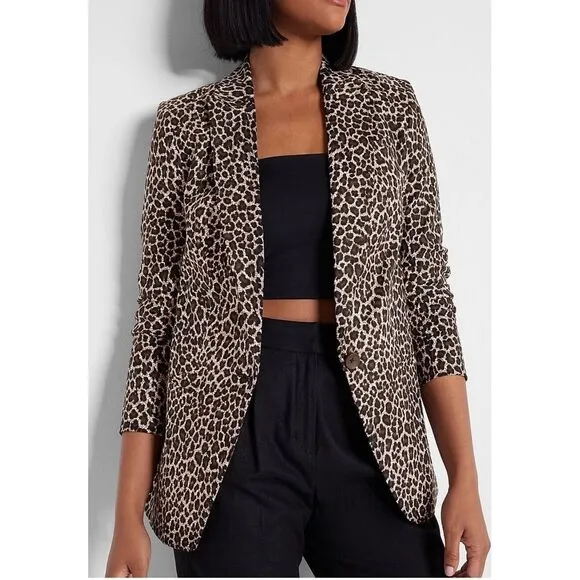 EXPRESS LEOPARD PRINT BOYFRIEND BLAZER Small Women's Linen-Blend Work Business