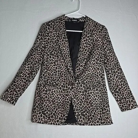 EXPRESS LEOPARD PRINT BOYFRIEND BLAZER Small Women's Linen-Blend Work Business