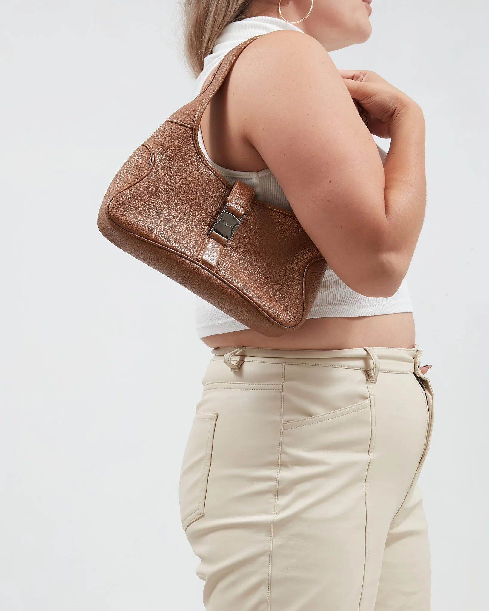Ferragamo Tan Pebbled Leather Shoulder Bag