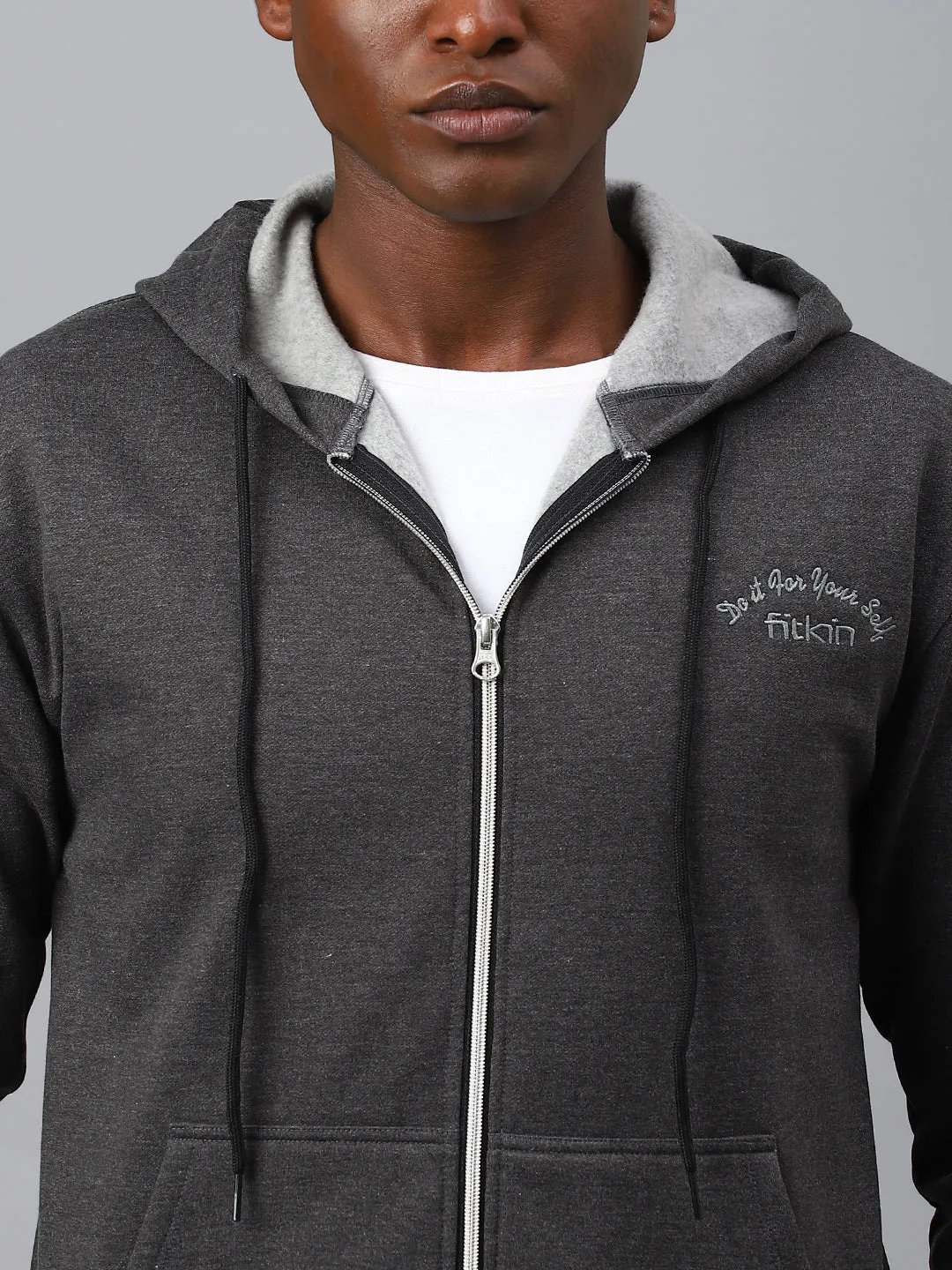 Fitkin Men Grey Zipper Fleece Hooded Jacket