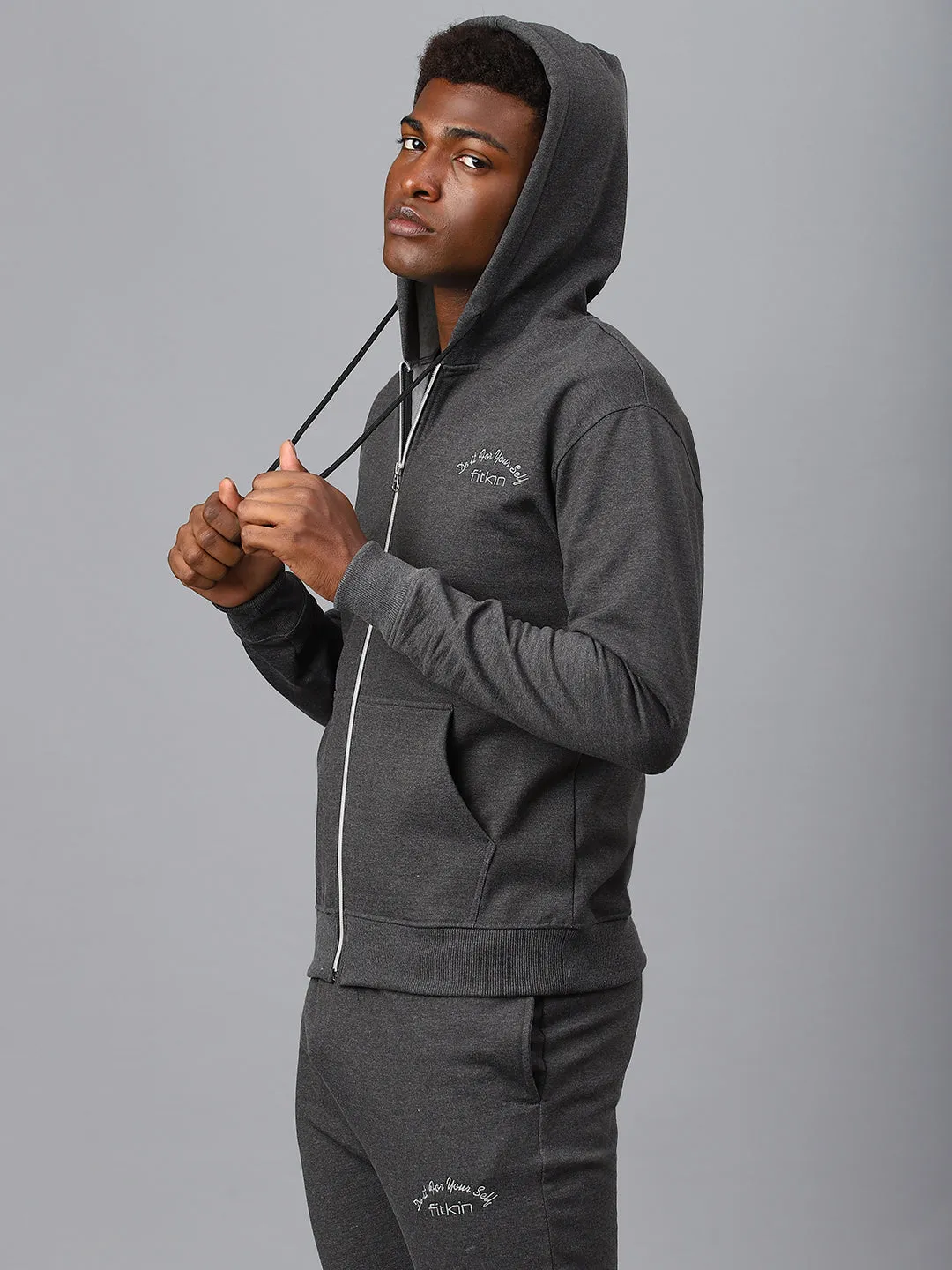Fitkin Men Grey Zipper Fleece Hooded Jacket