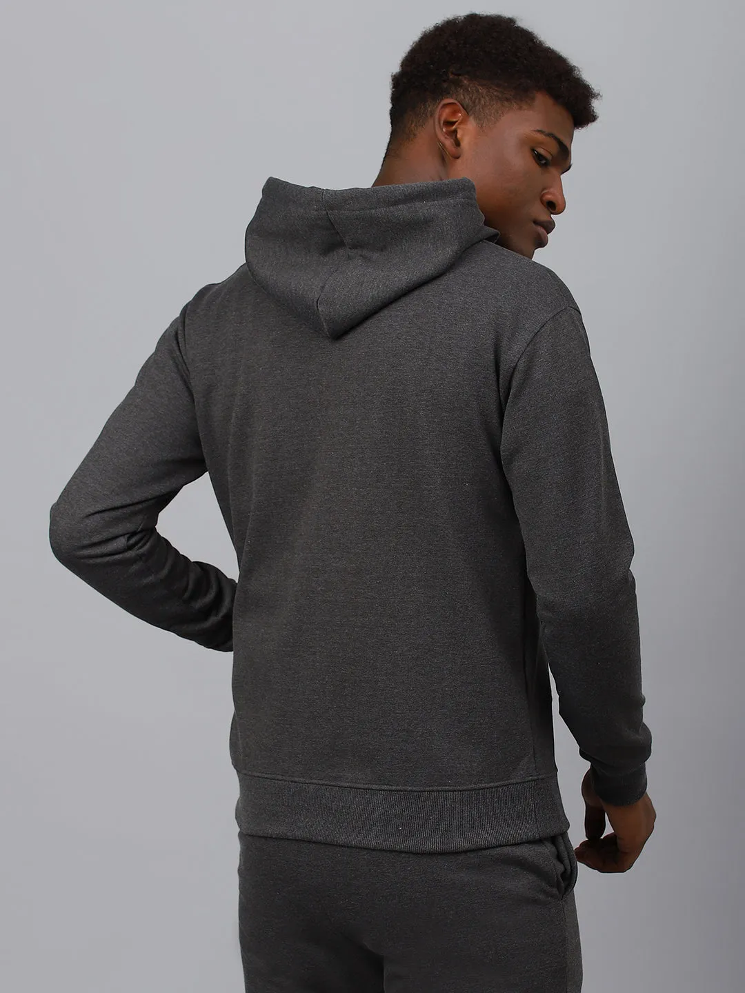 Fitkin Men Grey Zipper Fleece Hooded Jacket