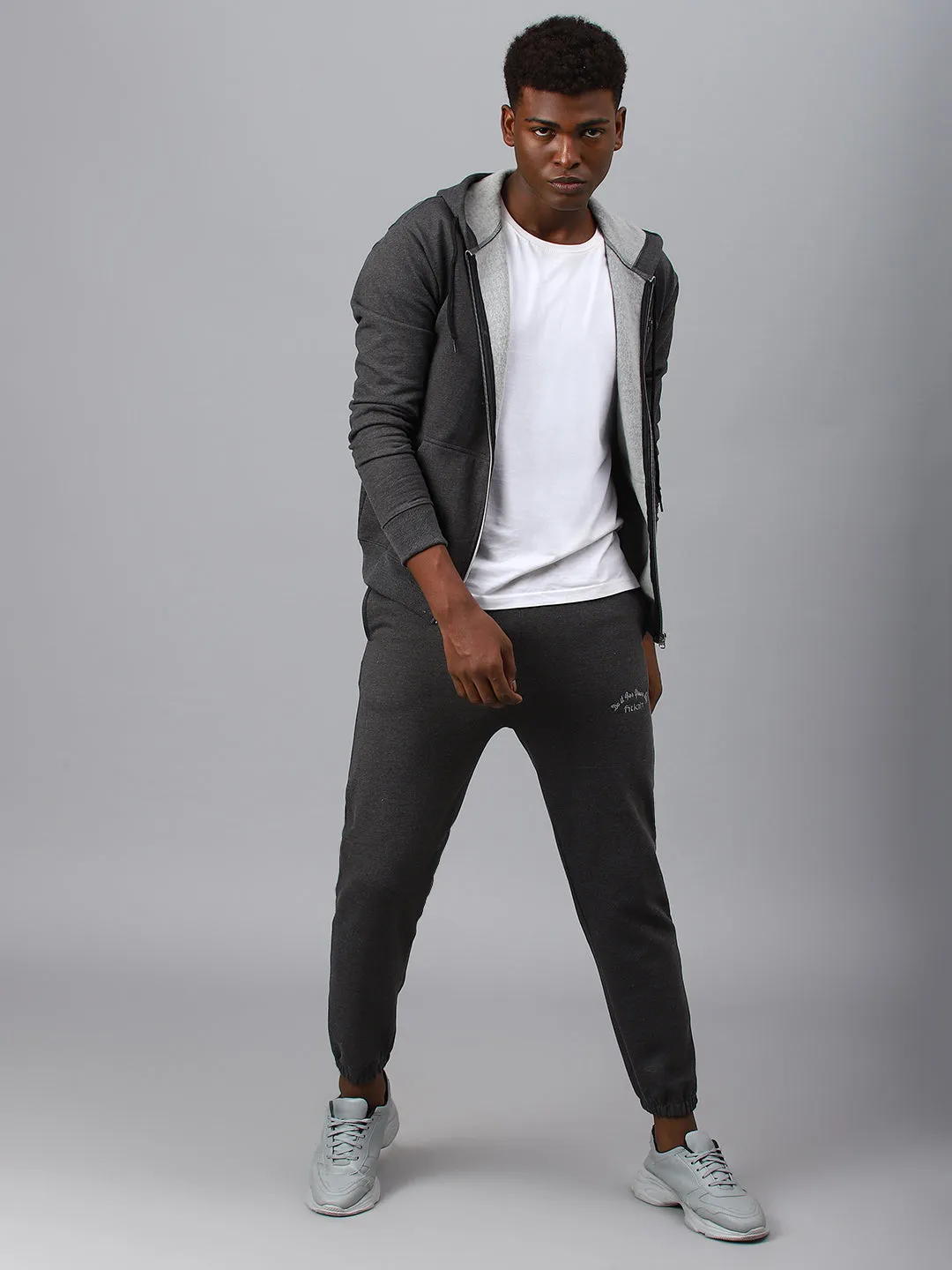 Fitkin Men Grey Zipper Fleece Hooded Jacket
