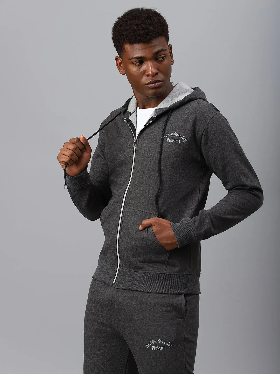 Fitkin Men Grey Zipper Fleece Hooded Jacket