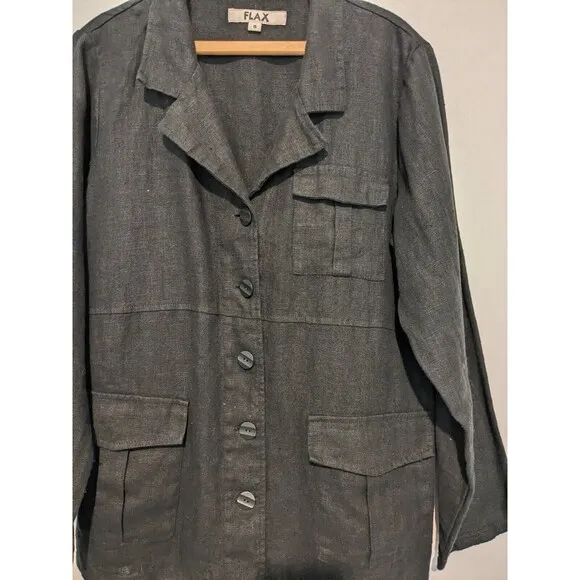 FLAX Heavyweight Linen Tunic Jacket Black S Cargo Pocket Button Front