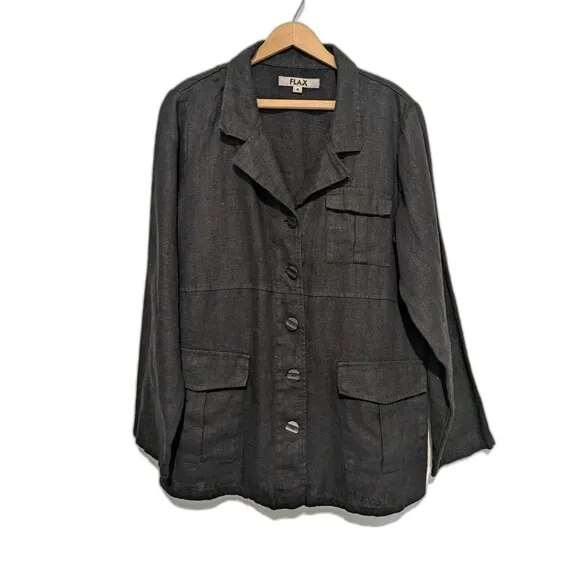 FLAX Heavyweight Linen Tunic Jacket Black S Cargo Pocket Button Front