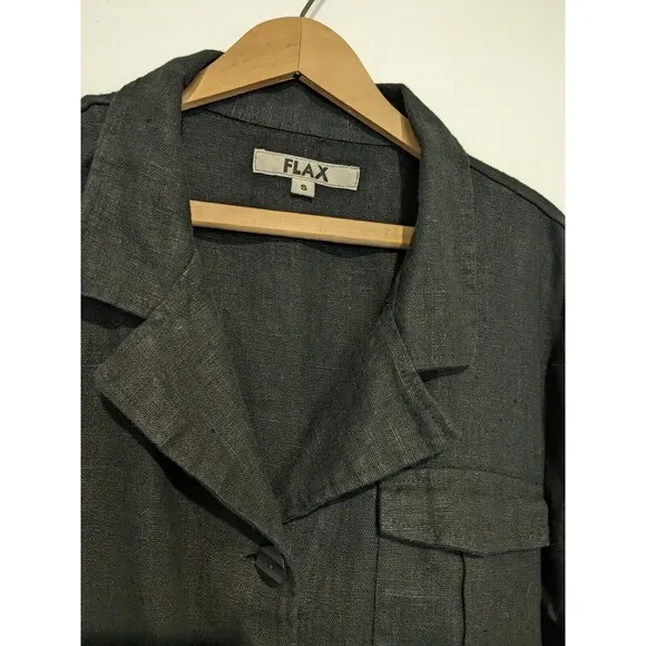 FLAX Heavyweight Linen Tunic Jacket Black S Cargo Pocket Button Front