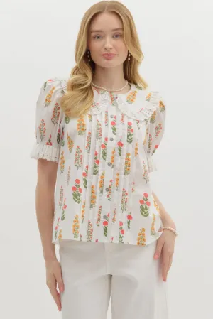 Floral Print Eyelet Trim Collar Top