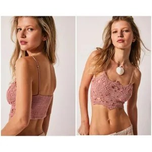 💕FREE PEOPLE💕 Athena Scallop Crochet Bralette ~ Smoke Rose Large L NWT