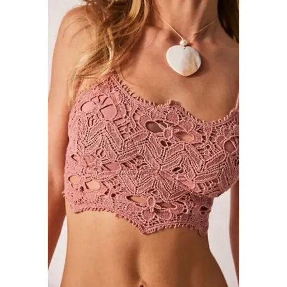 💕FREE PEOPLE💕 Athena Scallop Crochet Bralette ~ Smoke Rose Large L NWT