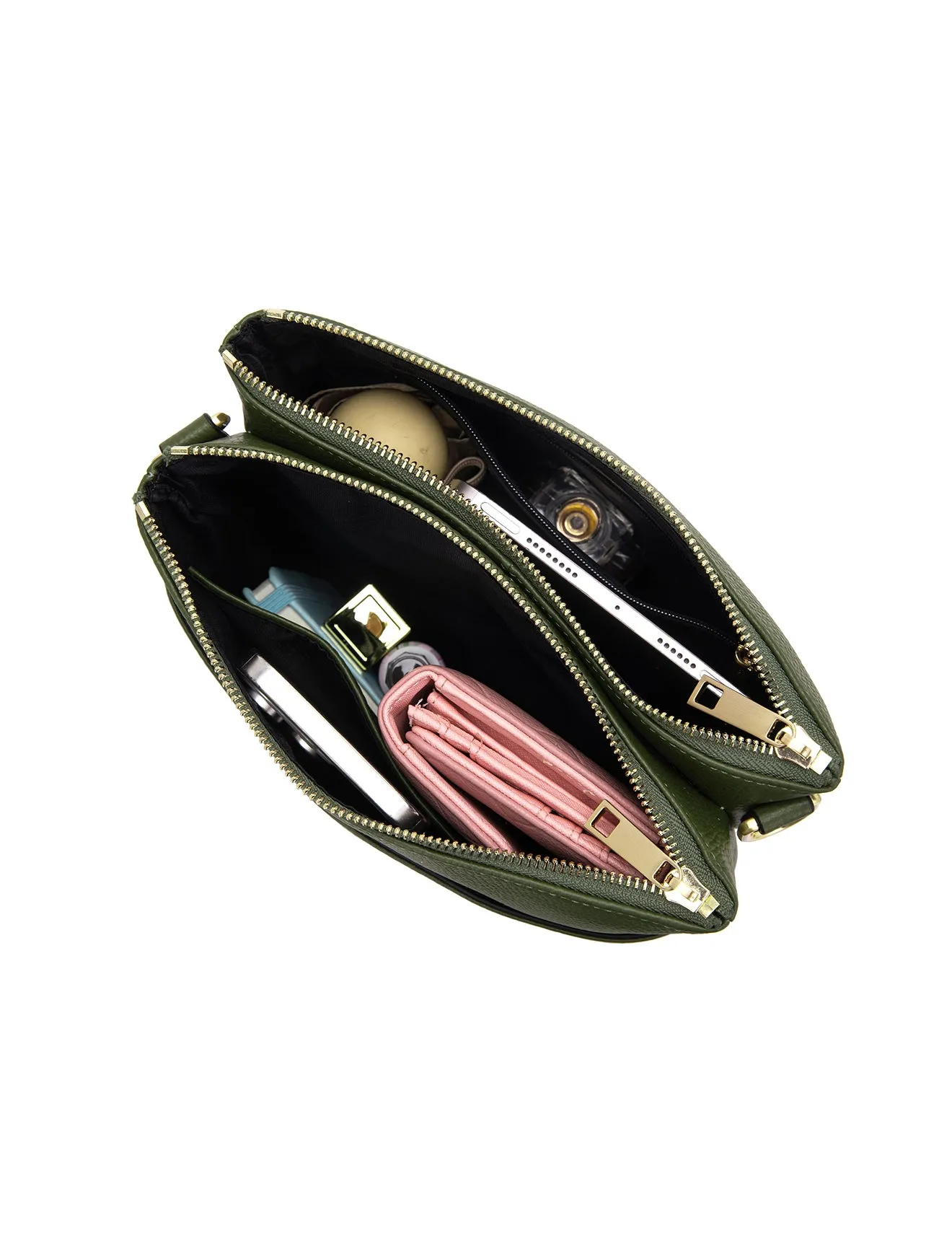 FREYA MULTICOMPARTMENT LEATHER XBODY BAG- E1-0844-OLIVE- NEW IN