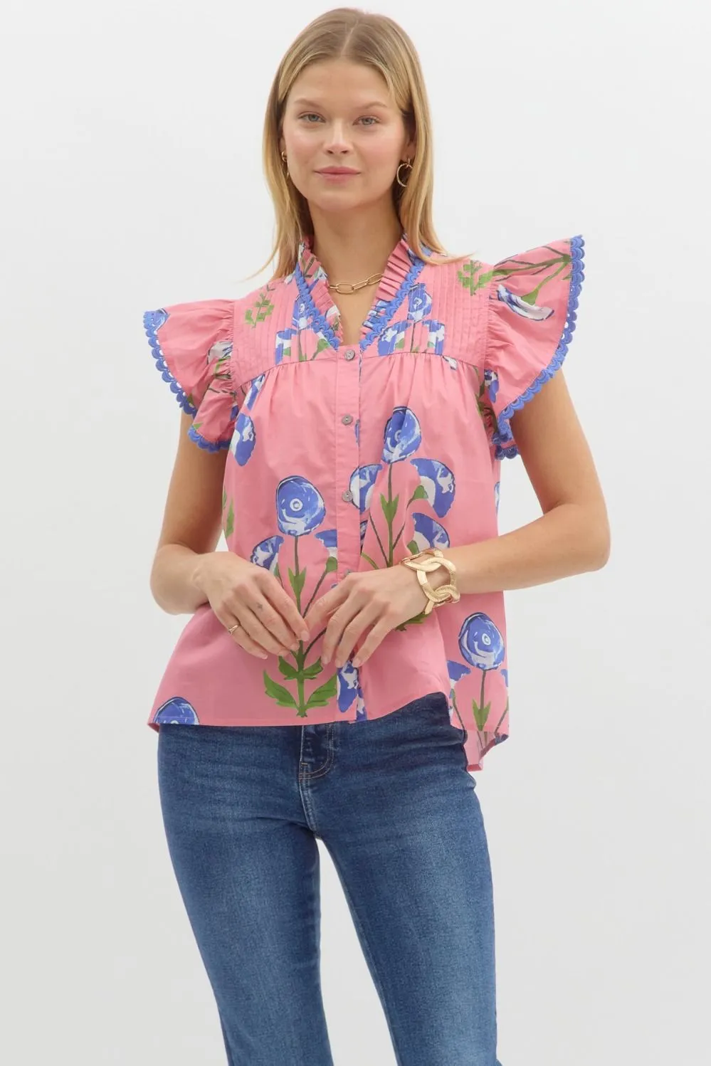 Frill Floral Ruffled Sleeve Top {Pink}
