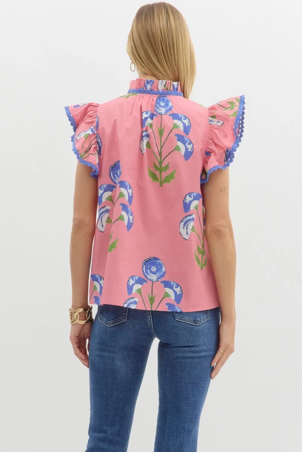 Frill Floral Ruffled Sleeve Top {Pink}