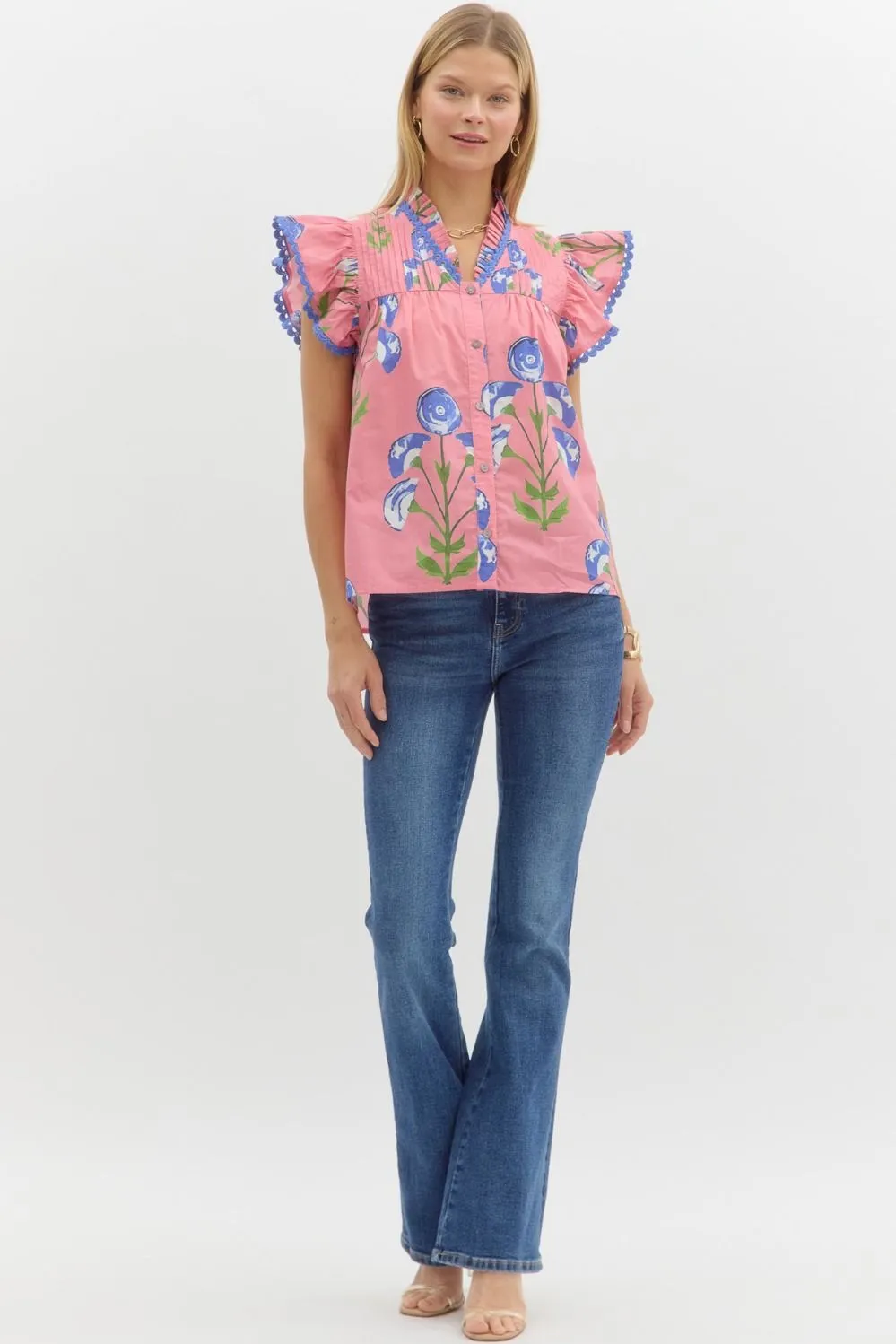 Frill Floral Ruffled Sleeve Top {Pink}