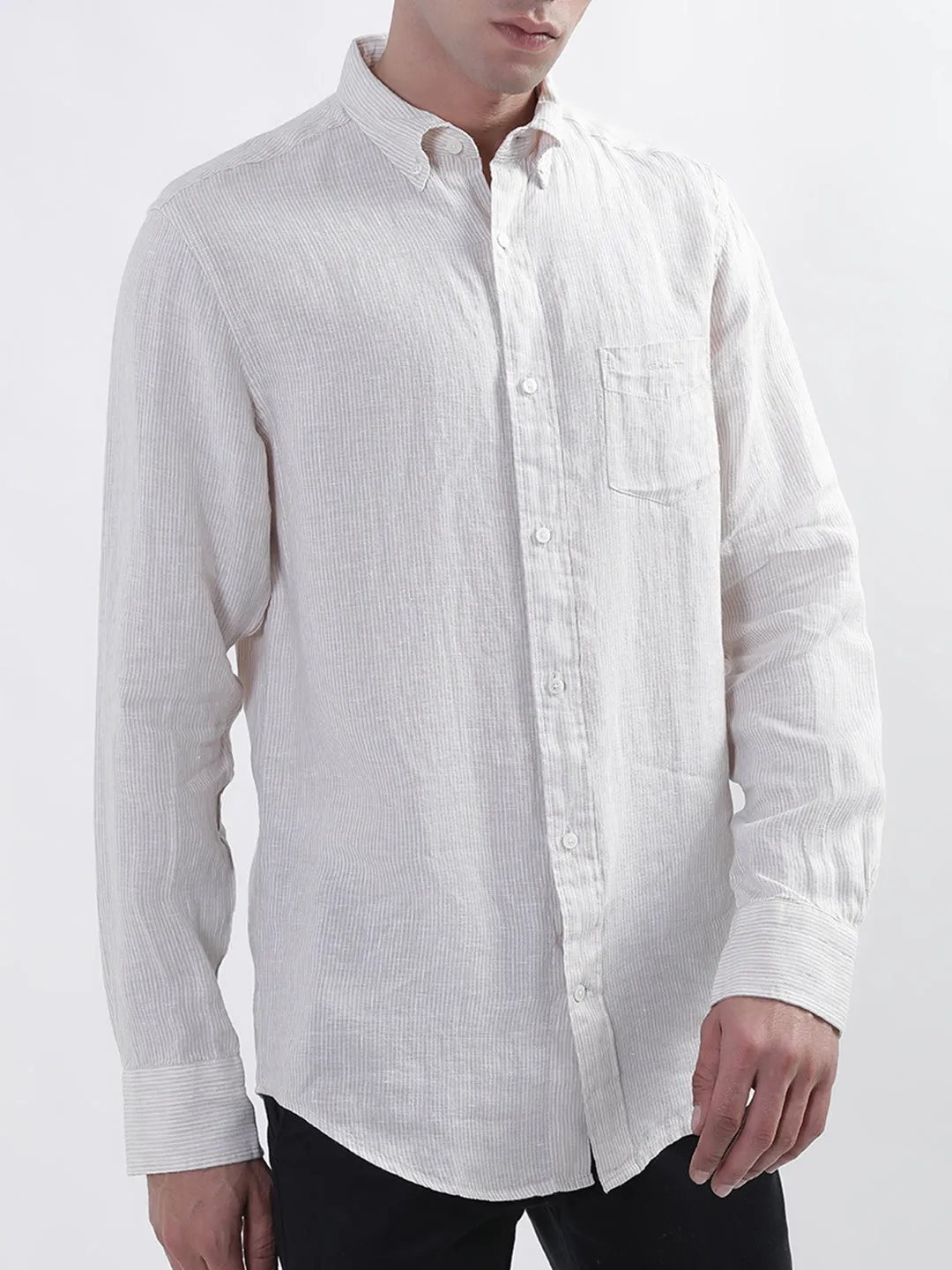 Gant Men Beige Regular Fit Striped Linen Shirt