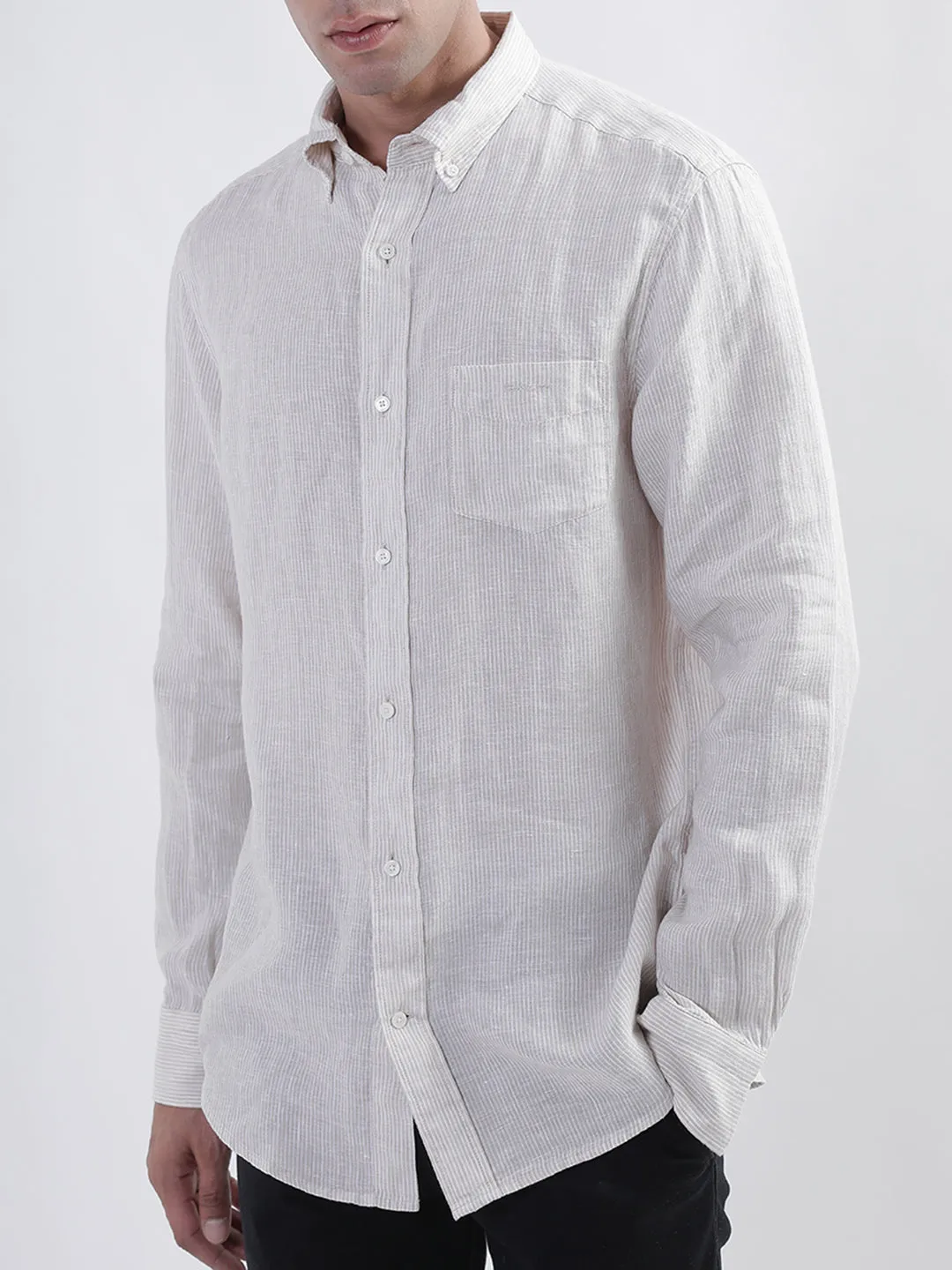 Gant Men Beige Regular Fit Striped Linen Shirt