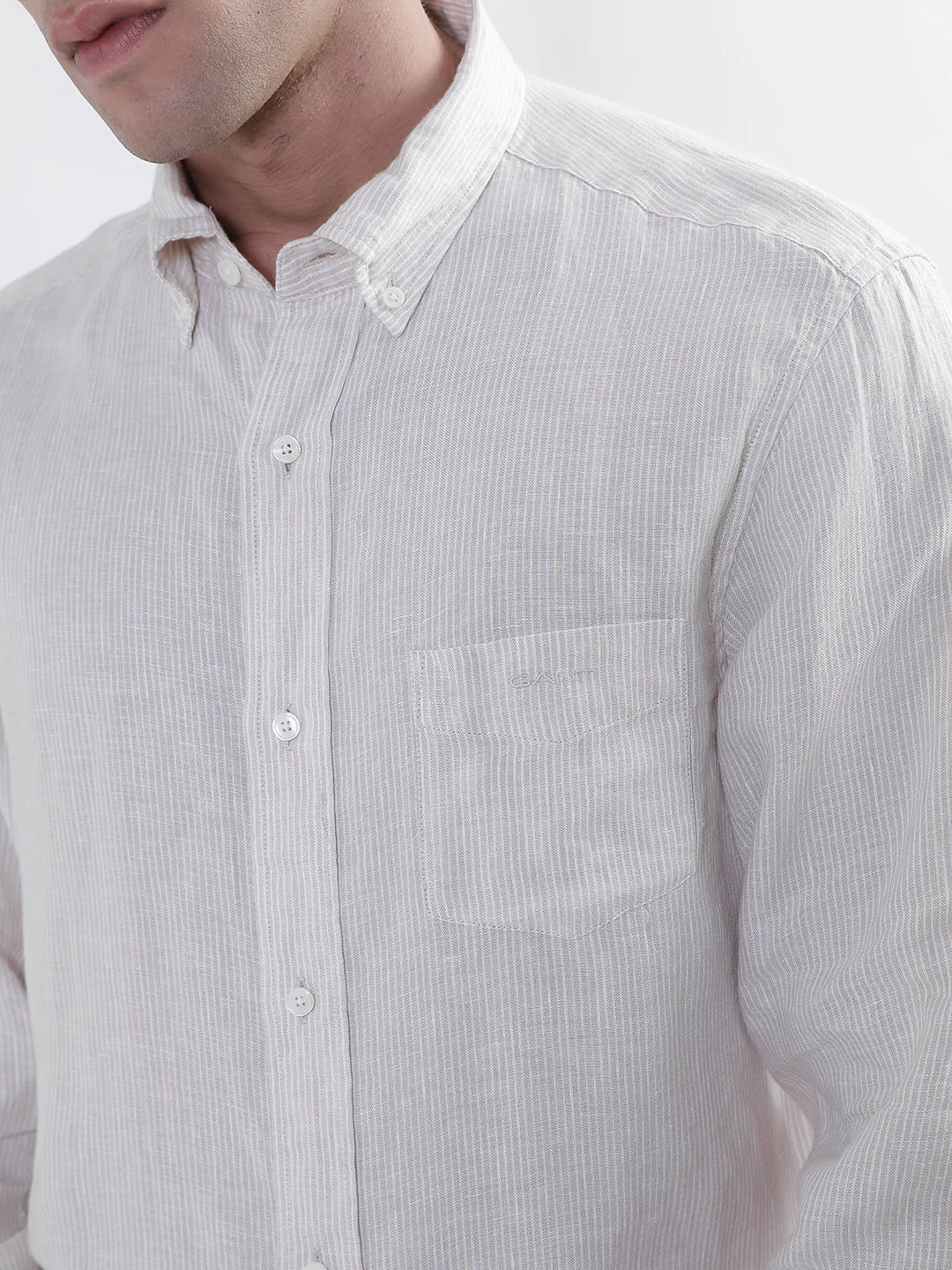 Gant Men Beige Regular Fit Striped Linen Shirt