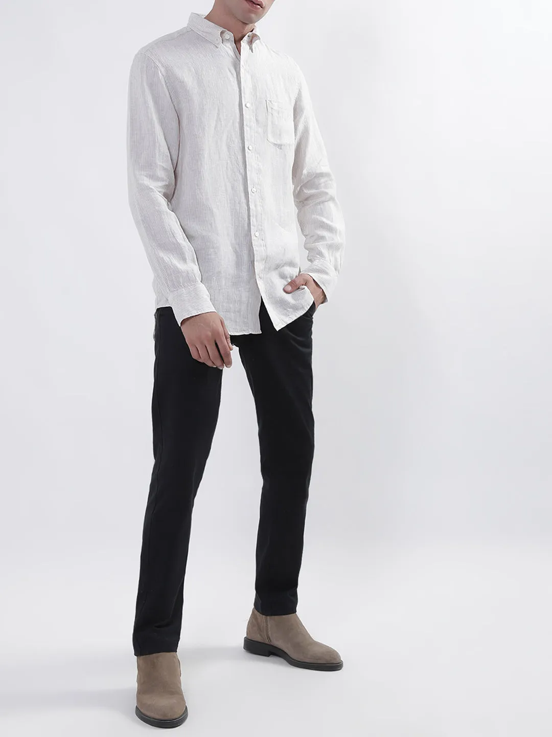 Gant Men Beige Regular Fit Striped Linen Shirt