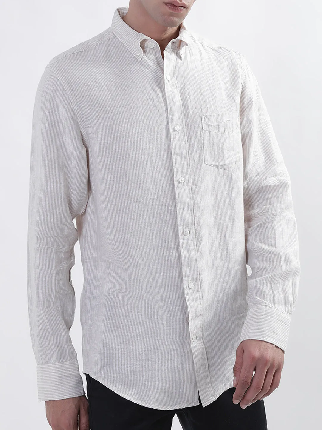 Gant Men Beige Regular Fit Striped Linen Shirt