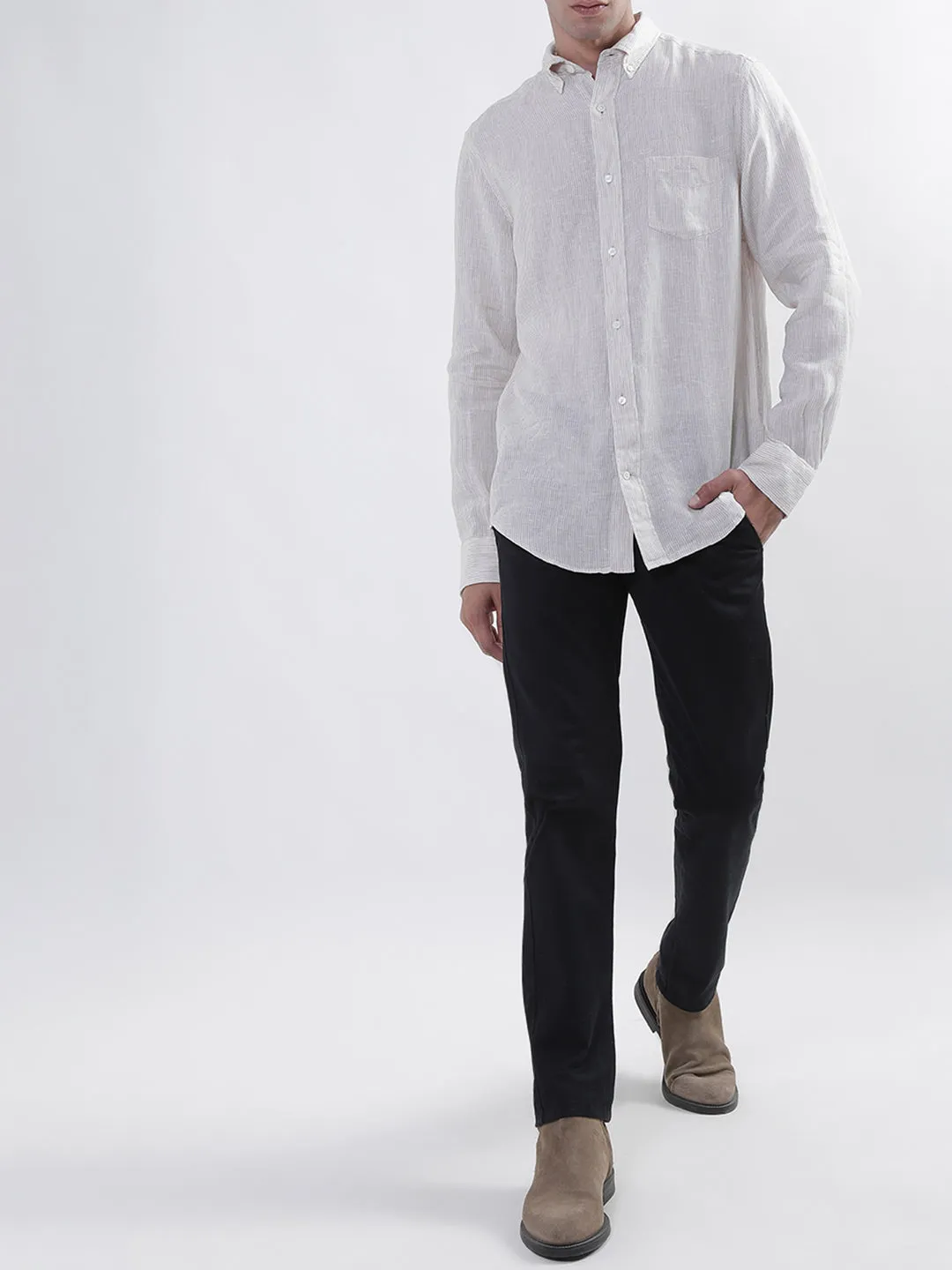 Gant Men Beige Regular Fit Striped Linen Shirt