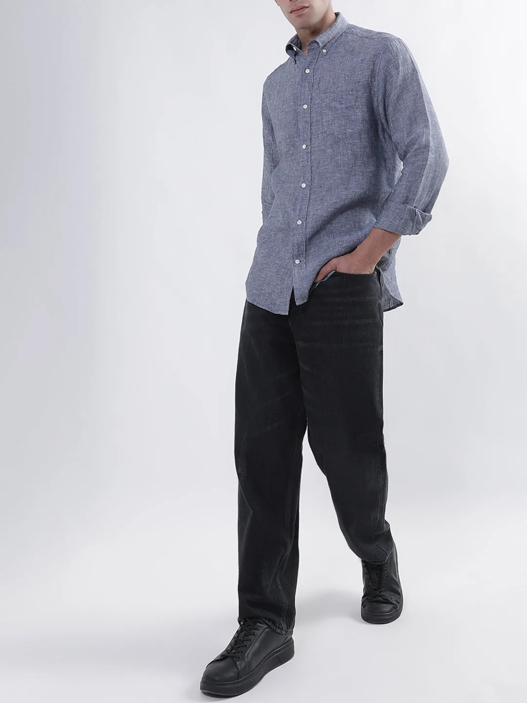 Gant Men Blue Regular Fit Solid Linen Shirt