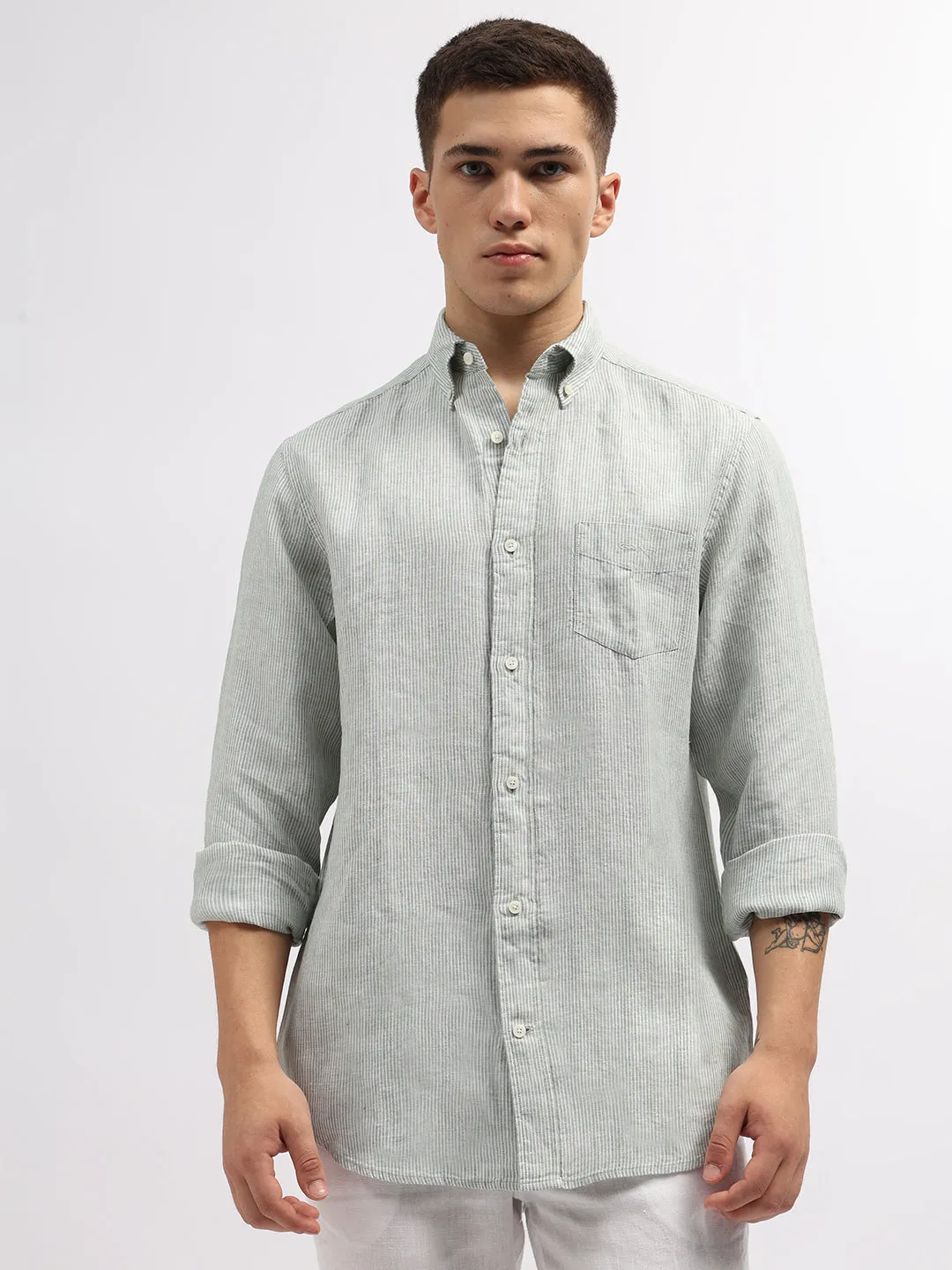 Gant Men Green Regular Fit Striped Linen Shirt