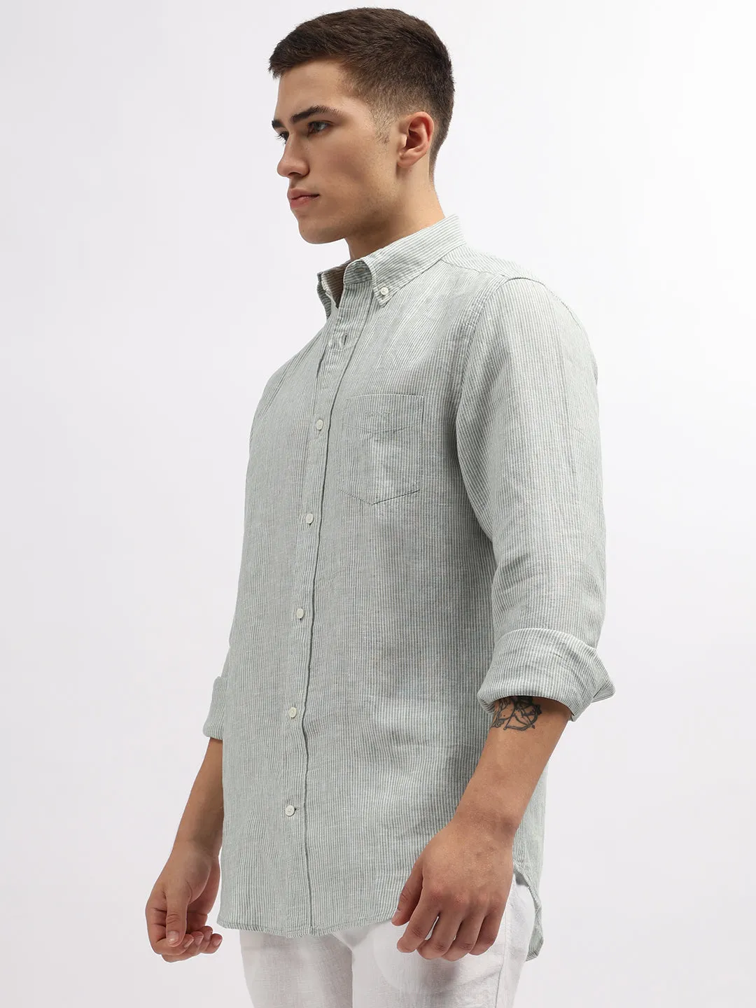 Gant Men Green Regular Fit Striped Linen Shirt