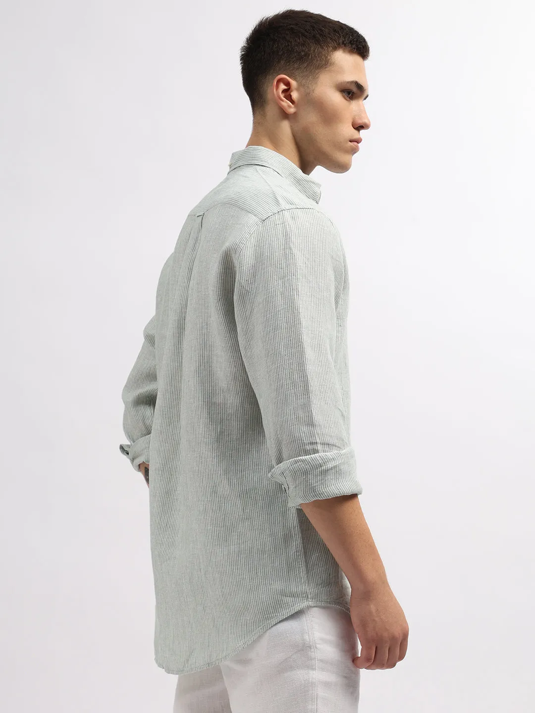 Gant Men Green Regular Fit Striped Linen Shirt